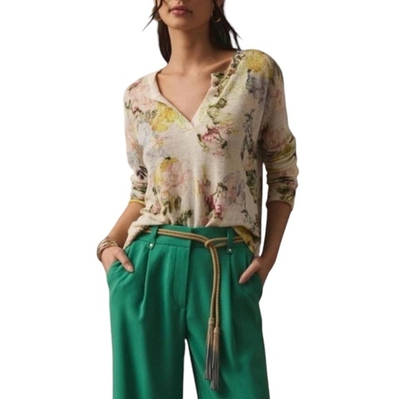By Anthropologie Printed V Neck Sweater Linen Blend Abstract Floral NWOT - Picture 2 of 12
